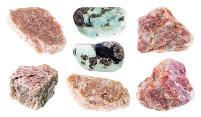 set of various pegmatite stones on white