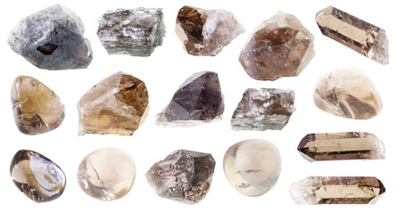set of various smoky quartz crystals cutout