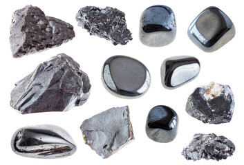 set of various haematite stones cutout on white - obrazy, fototapety, plakaty