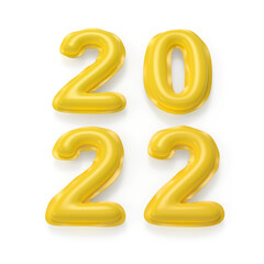 Happy New Year 2022, concept image with yellow inflated balloons on white background