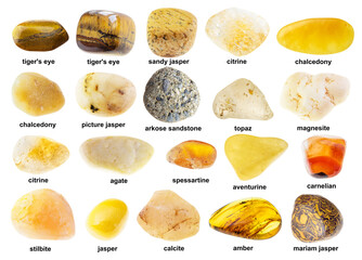 set of various tumbled yellow rocks with names