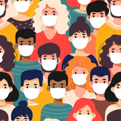 cept of coronavirus quarantine vector illustration. Seamless pattern. Novel coronavirus 2019-nCoV , people in white medical face mask. Concept of coronavirus quarantine vector illustration.
