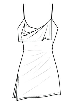 women slip dress sleeveless spaghetti strap cowl neck draped slip dress with side slit open technical drawing vector illustration. CAD mockup