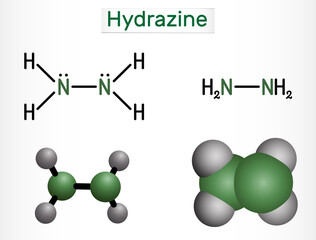 Hydrazine, diamine, diazane, N2H4 molecule. It is highly reactive base and reducing agent. Structural chemical formula and molecule model. Vector illustration