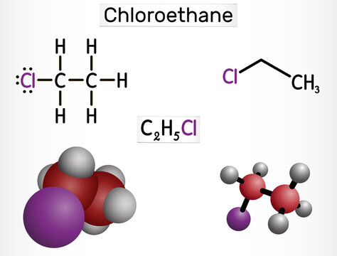 Chloroethane, ethyl chloride, monochloroethane molecule. It is local anesthetic with chemical formula C2H5Cl. Structural chemical formula and molecule model.