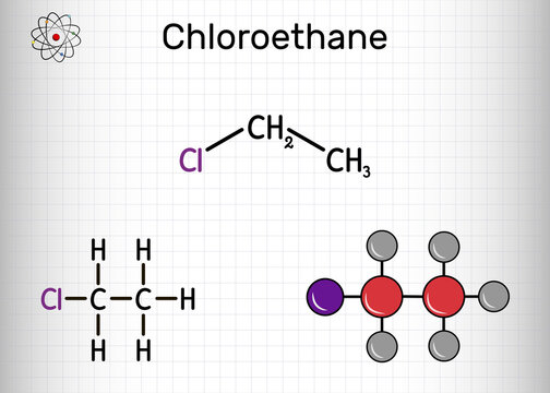 Chloroethane, ethyl chloride, monochloroethane molecule. It is local anesthetic with chemical formula C2H5Cl. Structural chemical formula and molecule model. Sheet of paper in a cage