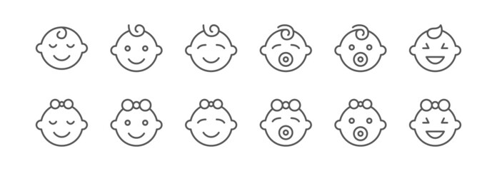 Faces of happy boys and girls emoji set. Line icons of baby of different gender. Editable stroke.