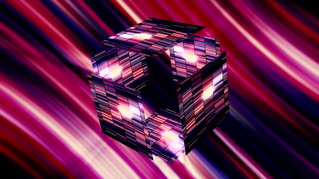 Digital visualization of the Pandora's box opening and releasing the curses. Motion. Glowing cube of shimmering tiles on colorful rays background.