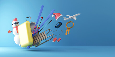 Winter Vacation Concept. Suitcase with Different Accessories for Winter with Snowman on blue studio background