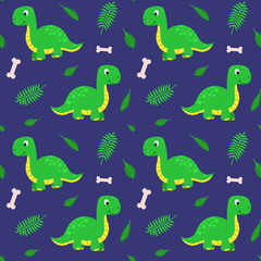 Seamless pattern with funny cartoon dinosaur. Cute print for children clothes, textile, nursery room decor. Baby background for fabric, postcard, wrapping paper, gift products, wallpaper