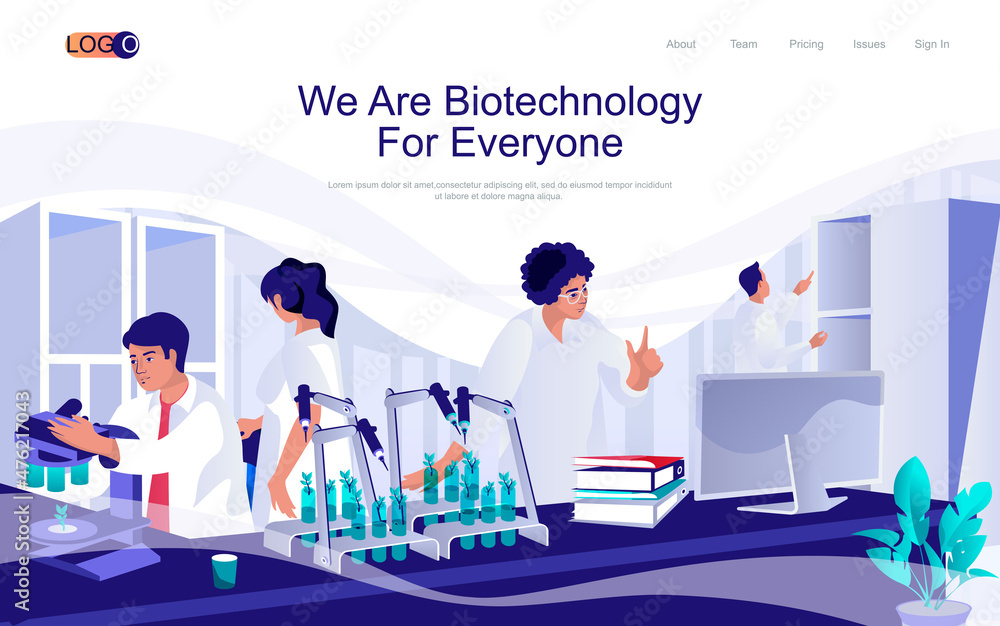 Poster biotechnology concept isometric landing page. people working with microscopes and doing research or 