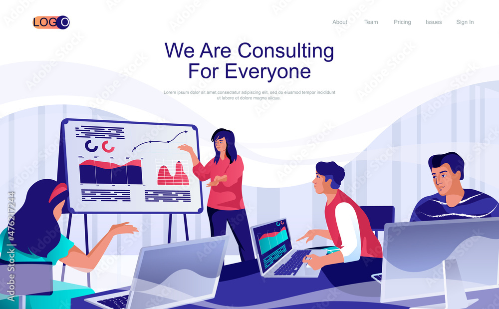Fototapete consulting concept isometric landing page. people listen presentation in conference room, business m