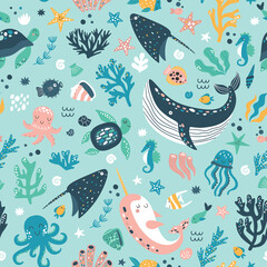 Sea life cute vector pattern. Vector illustration for kids design, wallpaper, wrapping, textile, package design.