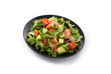Salmon and avocado salad isolated on white background	