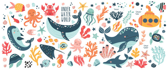 Big creative nautical clipart with marine inhabitants. Jellyfish, octopus, ramp, clown fish, crab, sea horse . Vector illustration - obrazy, fototapety, plakaty