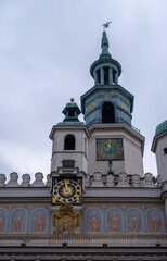 Fragment of Poznan`s Town Hall with beautiful mechanical clock