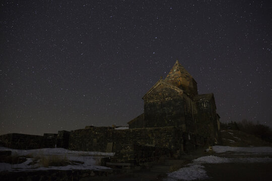 Sevanavank monastery on the background of the night starry sky in Armenia