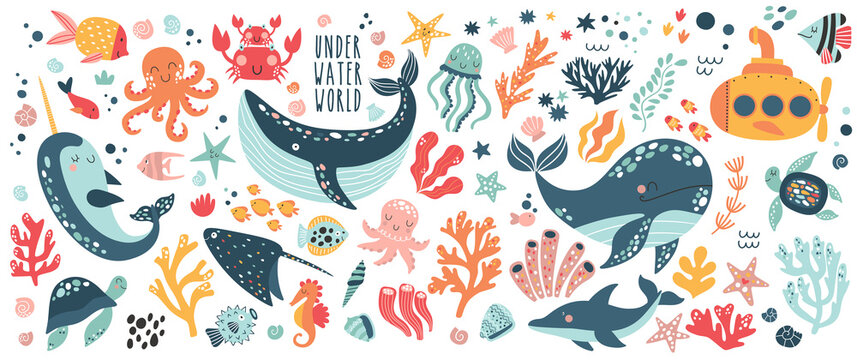 Big creative nautical clipart with marine inhabitants. Jellyfish, octopus, ramp, clown fish, crab, sea horse . Vector illustration