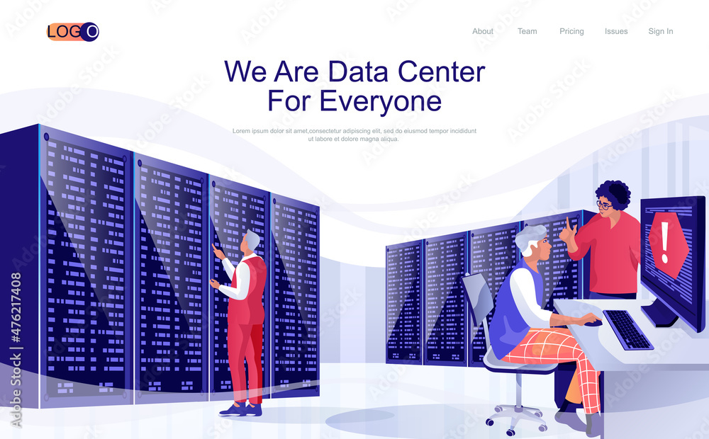 Aufkleber Data center concept isometric landing page. People work in hardware room racks, engineers maintain server room, database service, 3d web banner. Vector illustration in flat design for website template