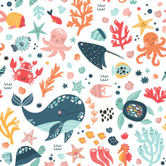 Leben im Meer niedliches Vektormuster. Vektorillustration für Kinderdesign, Tapete, Verpackung, Textil, Verpackungsdesign.