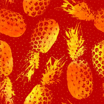 Fruit seamless pattern. Red pineapple background. Design summer prints. Repeating watercolor fruits texture. Reflection orange ananas patern. Spring backdrop. Freehand pineapple. Vector illustration