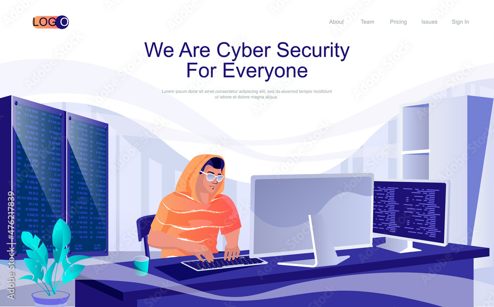 Fototapete cyber security concept isometric landing page. man works at computer, protection personal data from 