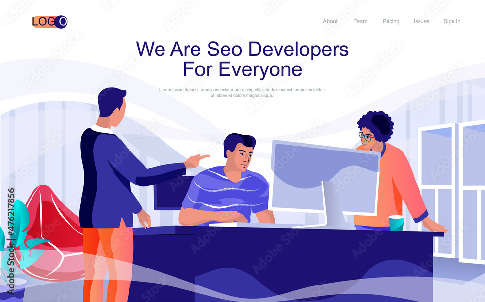 Poster seo developers concept isometric landing page. people work at computer, optimize sites for search en