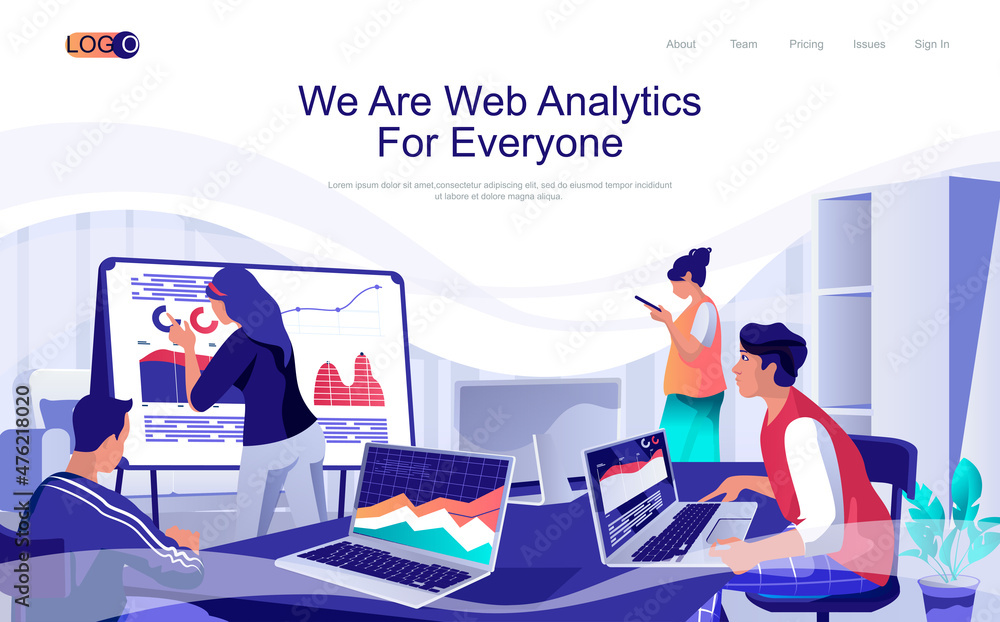 Poster Web analytics concept isometric landing page. People analyzing financial data at charts and diagrams, business management, 3d web banner. Vector illustration in flat design for website template