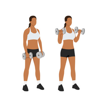 Sport Women Doing Fitness With Dumbbell Biceps Curl To Shoulder