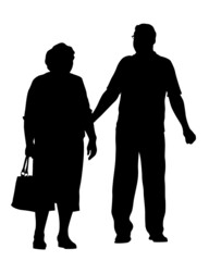 Older man and woman are standing next to each other. Isolated silhouette on a white background