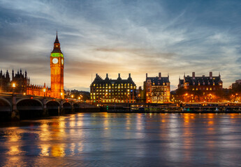 Big Ben tower and Victoria embankment at night, London, UK - obrazy, fototapety, plakaty