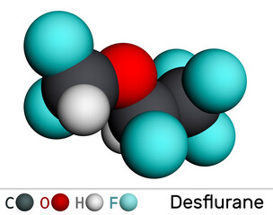 Desflurane molecule. It is organofluorine compound, inhalation anaesthetic. Molecular model. 3D rendering