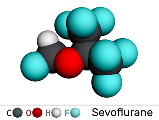 Sevoflurane, fluoromethyl molecule. It is inhalation anaesthetic, used for the general anesthesia. Molecular model. 3D rendering