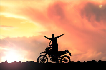 Men's silhouettes and touring motocross bikes. Park to relax in the mountains in the evening. adventure travel and leisure concept