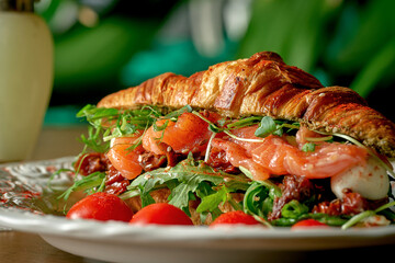Croissant sandwich with salmon sun-dried tomatoes, arugula, mozzarella in a white plate on a wooden background