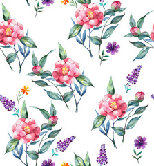 Bright trend fashion beautiful watercolor textile pattern with pink and purple flowers on a white background.