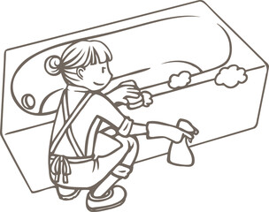 お風呂掃除をする女性の線画
