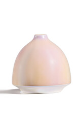 Detailed shot of a vase for flowers. The ball-shaped vase has a pearlescent coating, a narrowed neck and a curved top. The vase is isolated on the white background.