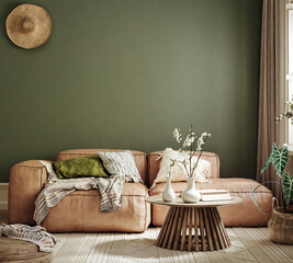 Fototapeta Home interior mockup, living room in green and beige tones, 3d render obraz
