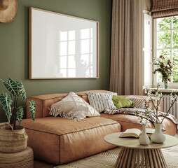 Fototapeta Poster frame mock-up in home interior background, living room in green and beige tones, 3d render obraz