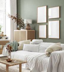 Fototapeta Mockup frame in home interior background, room in natural pastel colors, 3d render obraz