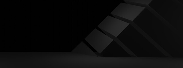 3D black geometric room mockup. Dark background.