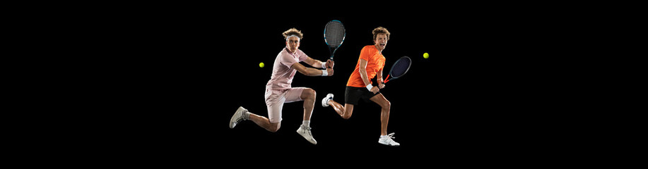 Collage of two professional tennis players in motion, training, hitting ball in a jump isolated...