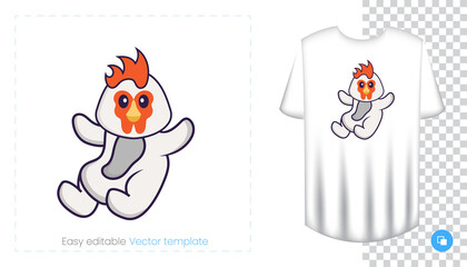 Cute chicken character. Prints on T-shirts, sweatshirts, cases for mobile phones, souvenirs. Isolated vector illustration on white background.