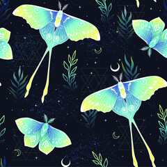 Vector seamless pattern with moon moth and stars. Contemporary composition. Trendy texture for print, textile, packaging. - obrazy, fototapety, plakaty