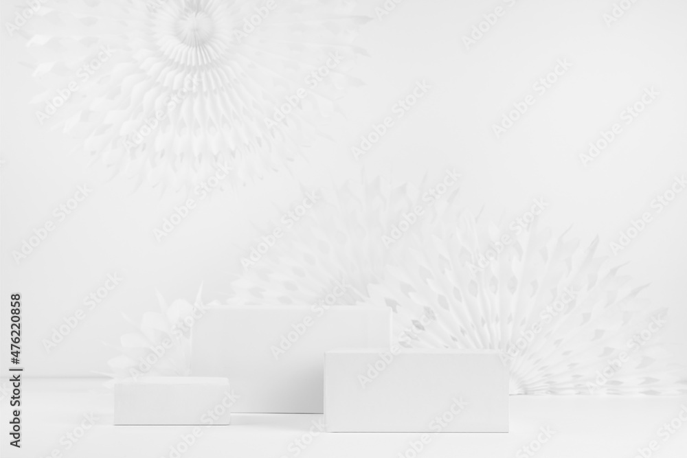 Poster white box podiums on elegant soft light abstract scene mockup for showcase for displaying, presentat