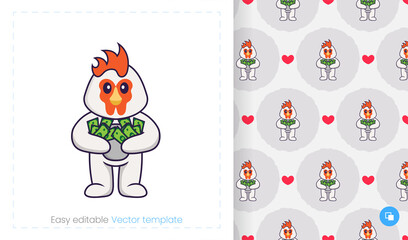 Seamless pattern with cartoon chicken on white background. Can be used on packaging paper, cloth and others.