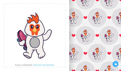 Seamless pattern with cartoon chicken on white background. Can be used on packaging paper, cloth and others.