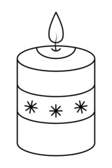 A Christmas candle. Sketch. Snowflakes decoration. A hot flame. Vector illustration. Coloring book for kids. Doodle style. Outline on an isolated background. A magical attribute. Merry Christmas 