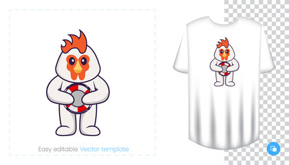 Cute chicken character. Prints on T-shirts, sweatshirts, cases for mobile phones, souvenirs. Isolated vector illustration on white background.
